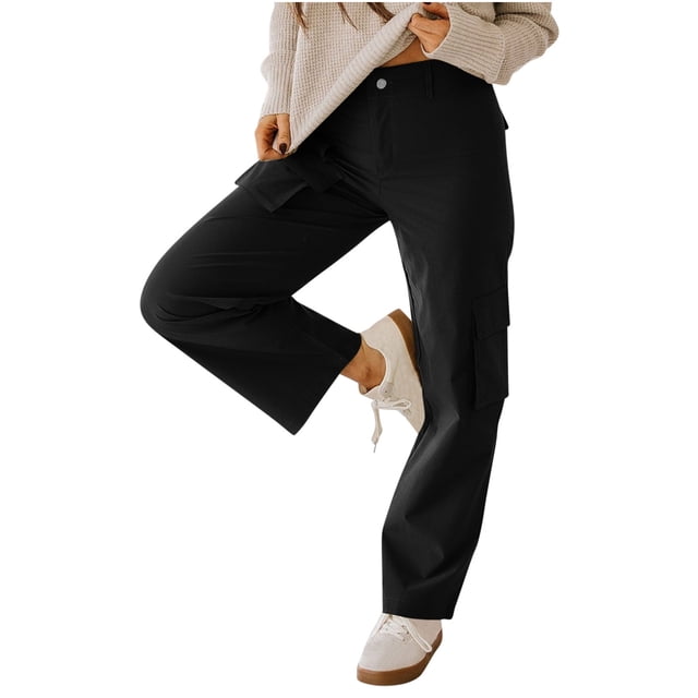 Aqestyerly Women's Multi-Pocket Cargo Pants Work Pants Mid Rise Relaxed Straight Leg Cargo Casual Trousers with Multi Pockets Relaxed Fit for Summer Utility Wear