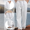 thumbnail image 4 of Pantalones casuales de lino para hombre, pantalones holgados de pierna recta con cintura elástica, pantalones de yoga para playa y verano, 4 of 5