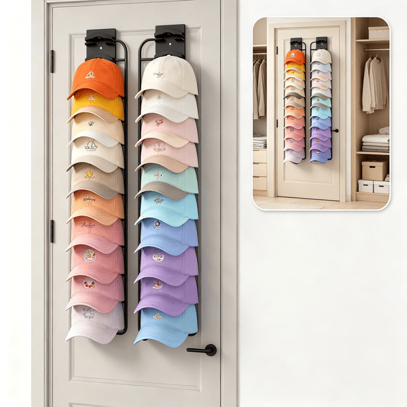 Baseball Cap Hat Organizer 2 Pack, Wall Mount Adhesive Cap Rack Holds 20 Hats, Space Saving Closet Door & Wall Hat Display Storage Holder
