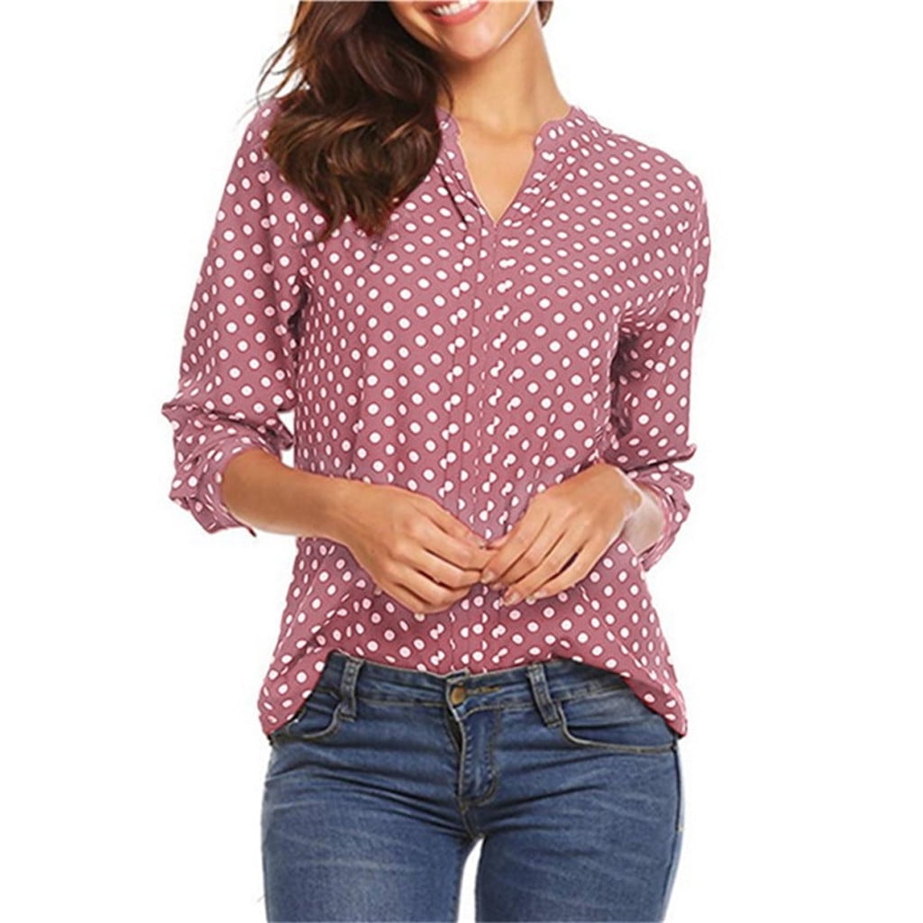 t shirts for women Women Polka Dot 3/4 Sleeve Blouse Tops Ladies Casual  Office Work V Neck T-Shirt