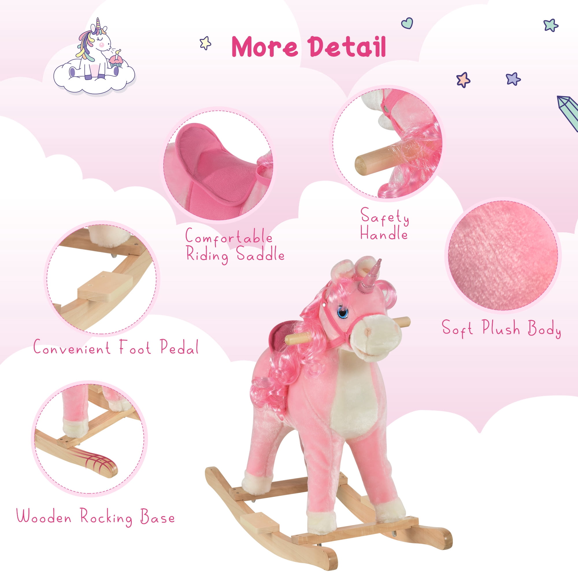 Bikes Qaba Rocking Horse, Ride on Horse Unicorn Design with Wooden Base, Tail Wag & Sounds for Toddlers 3-6 Years Old, Pink, Riding Toys