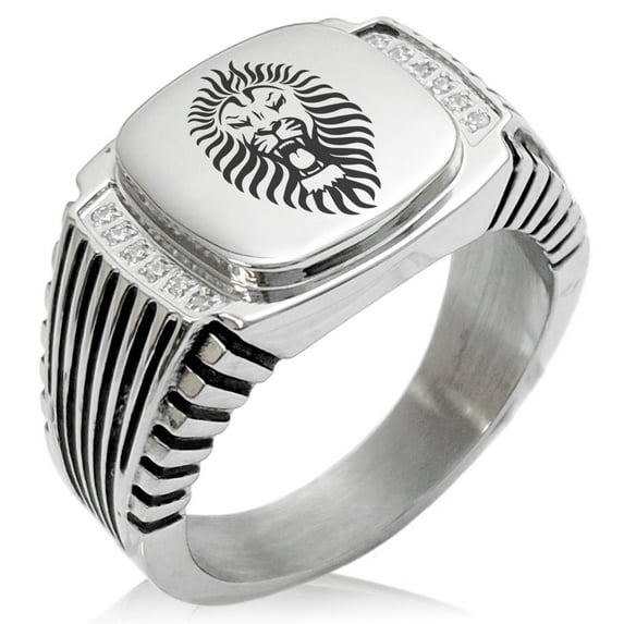 Stainless Steel Pharaoh Lion King CZ Ribbed Needle Stripe Pattern Biker Style Polished Ring