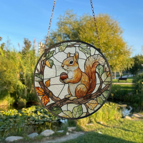 Squirrel Painted Stained Glass Suncatcher, Window Hanging Decor, Outdoor Sun Catcher Decor, ForestÂ WallÂ Decor, Squirrel Faux Glass Art