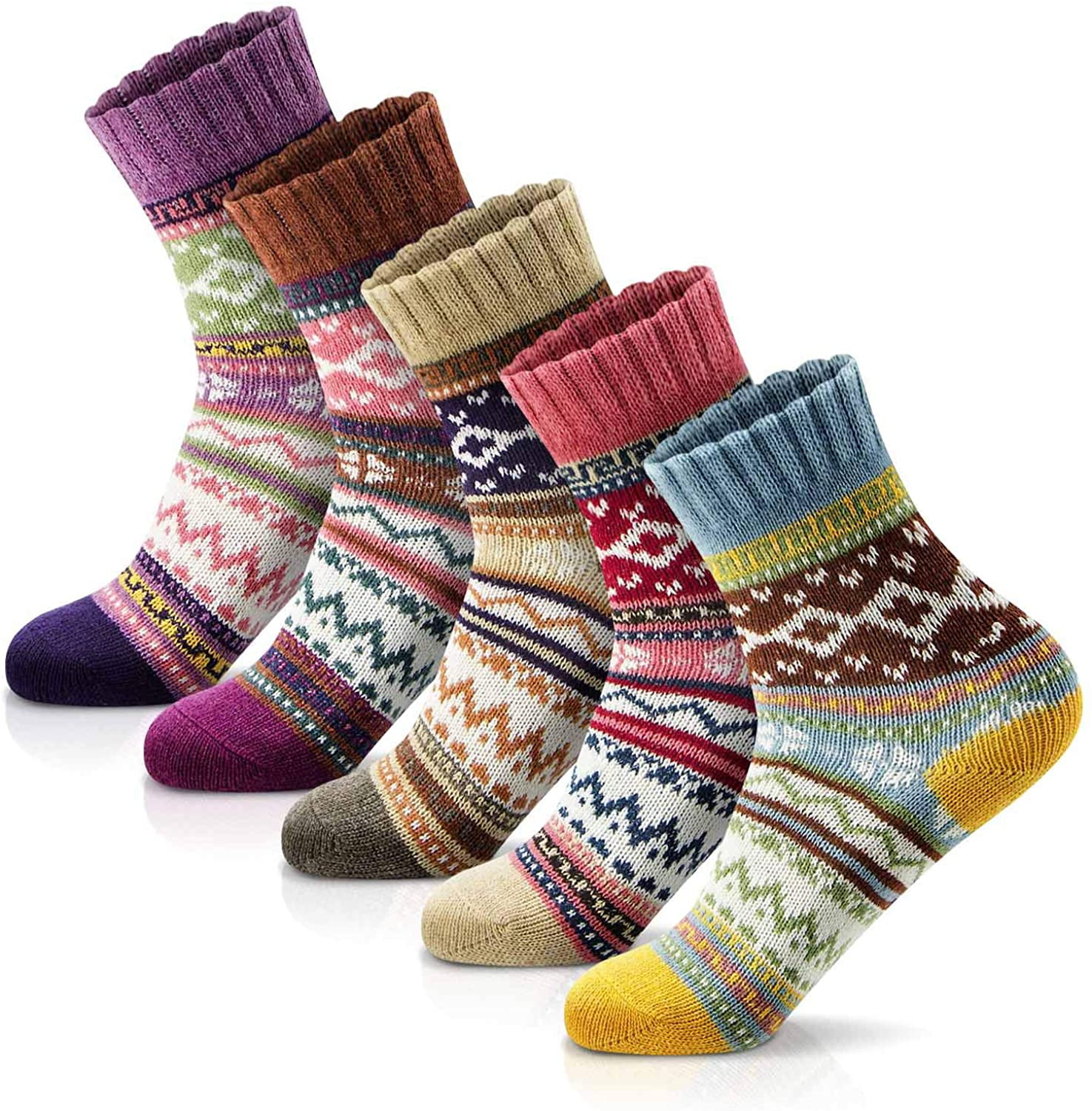 Women Winter Socks 5 Pairs Cotton Thick Knit Vintage Soft Cozy Casual Crew Socks