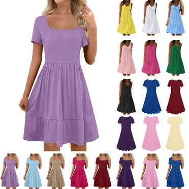 Lenago Women's Plus Size 2025 Summer Dresses Fashion Holiday Summer Solid Color Short Sleeve Party Beach Dress With Pocket