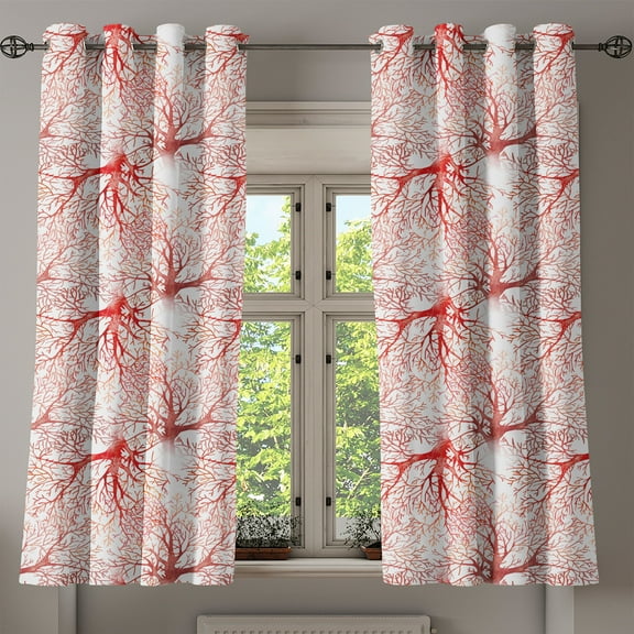 Ambesonne Coral Grommet Curtain, Watercolor Branchs Fall Art, 50" x 63", Dark Coral