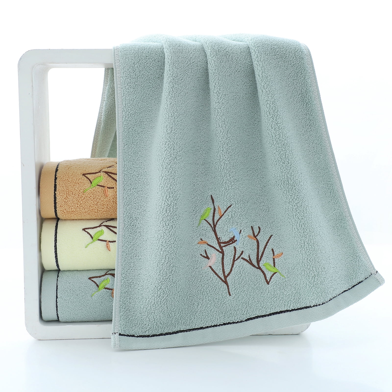 Pidada 100% Cotton Embroidered Bird Tree Pattern Hand Towels for Bathroom Set of 2 (Aqua Green)