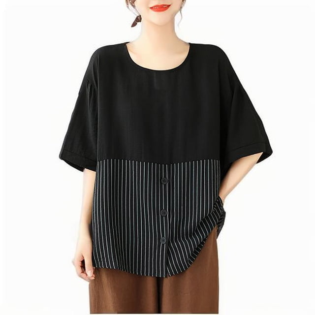 V Cuello Blusas para las Mujeres, de Moda Retro Bordado Cuello Redondo Cinco Cuartos de Manga para el Uso Casual