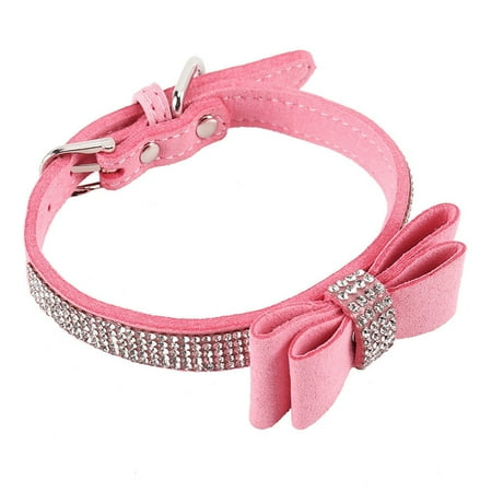 Leather Rhinestone Diamante Dog Collar Soft Bow Tie Design for Cat Puppy Small