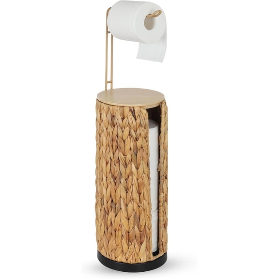 Freestanding Toilet Paper Holder with Storage,3 Rolls of Tissue Holder for Bathroom,Handmade Woven Toilet Paper Roll Holder Stand,Water Hyacinth Boho Bathroom Decor Farmhouse Toilet Paper Storage