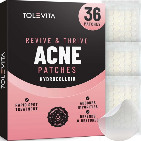 TOLEVITA -  Hydrocolloid Acne Patches for Face | Blemish and Zit Covering Patches for All Skin Types | Pimple Spot Stickers for Clear Skin | Waterproof, Invisible Patches for Day & Night Use - 36 Pcs
