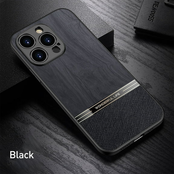 Dteck Compatible with iPhone 14 Pro Max Case Wood Grain Outside Design TPU Hybrid Case, Black