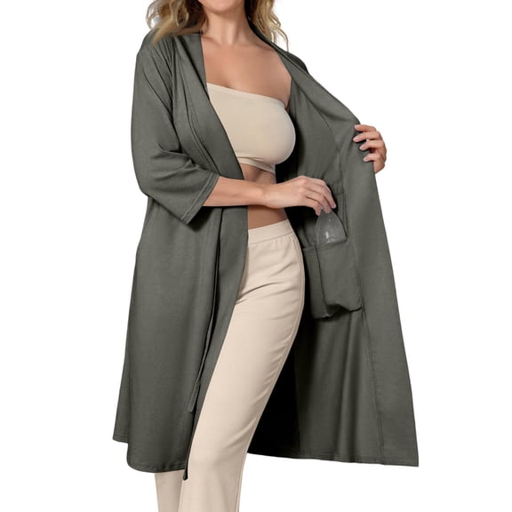 UDAUDU Womens Post Surgery Mastectomy Robe with Internal Drain Pockets Comfortable 3/4 Sleeve Night Gowns Pajama Dress Shirts Light Gray L