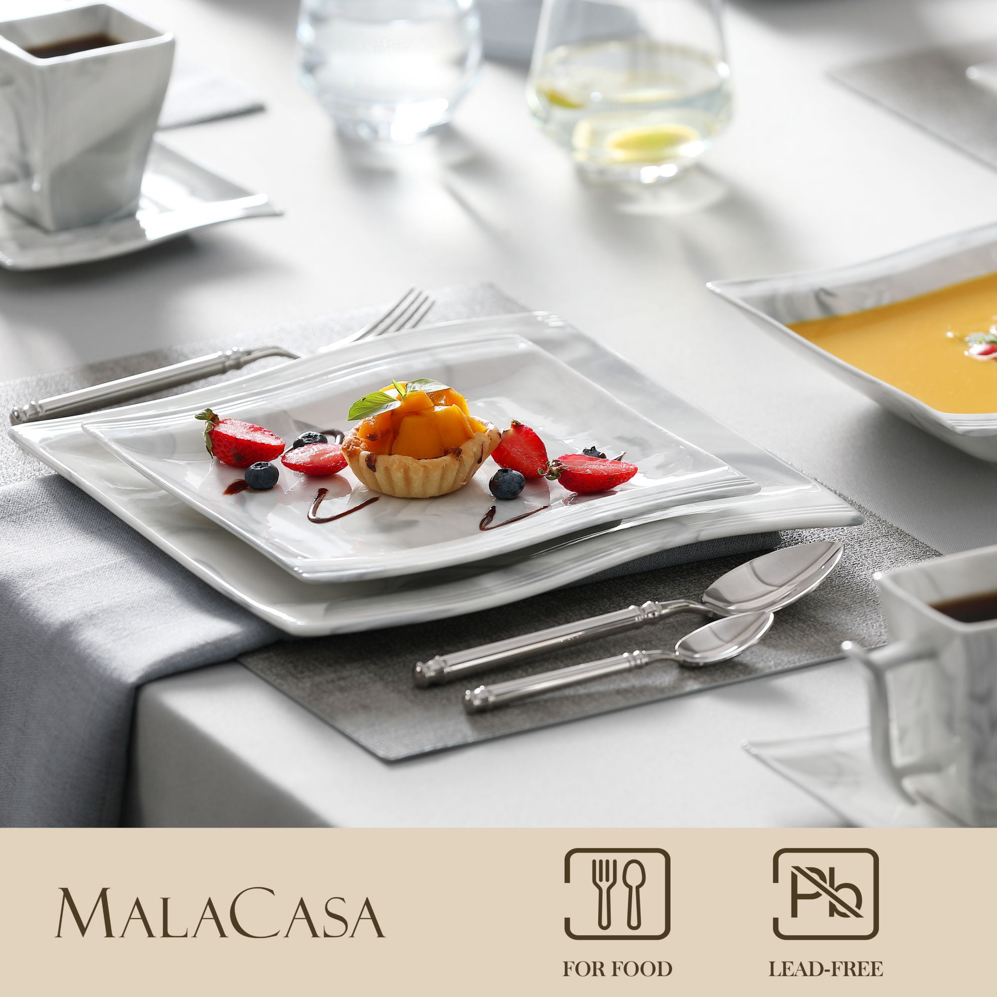 MALACASA Dinnerware Sets for 6, 30 Piece Blue Square