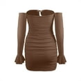 thumbnail image 6 of Youyipin womens dresses Womens Sexy Off Shoulder Bodycon Mini Dress Long Sleeve Halter Ruched Slinky Party Club summer dresses for women 2025, 6 of 9