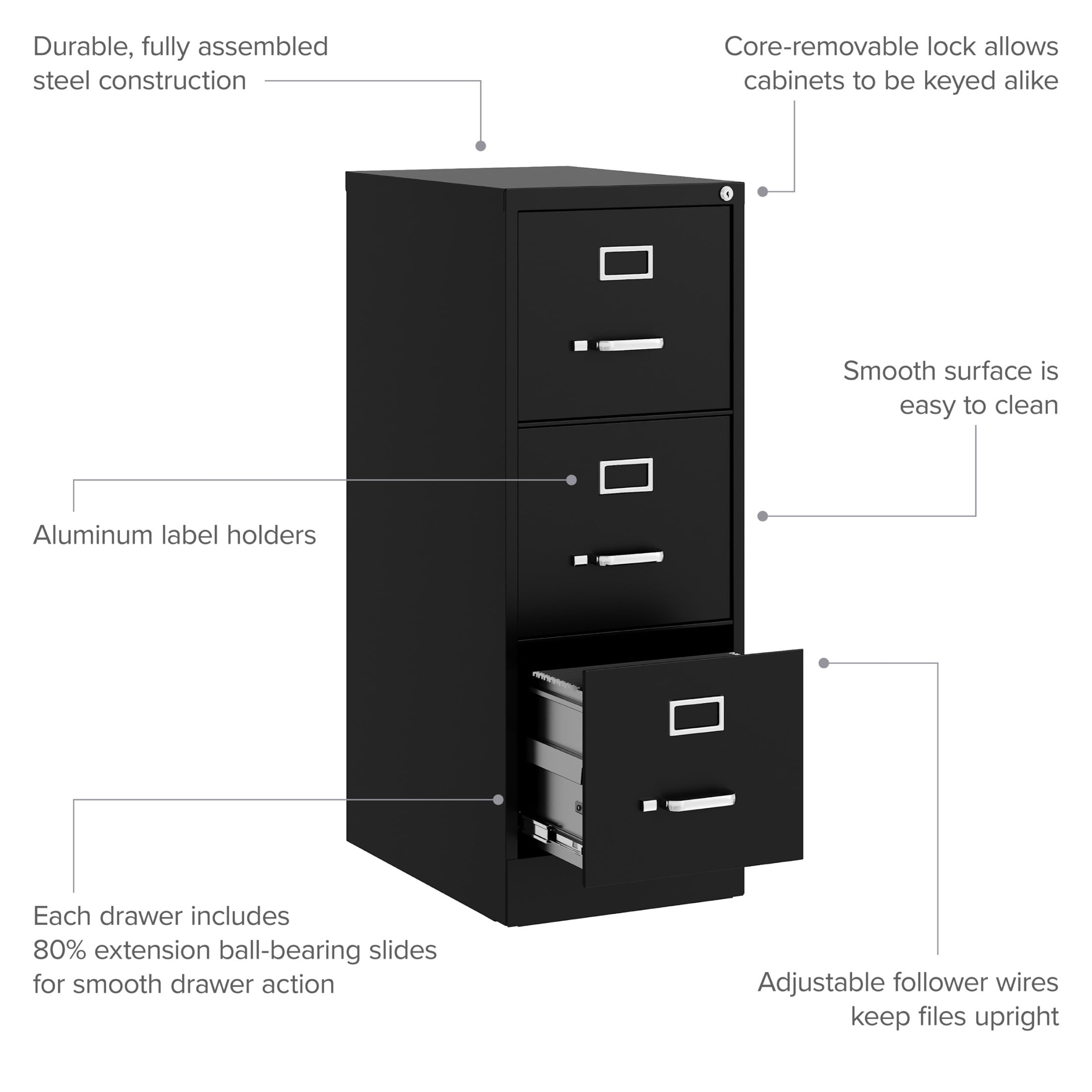 Hirsh 3 Drawer Letter Locking Metal Vertical File Cabinet, 22" Deep, Black