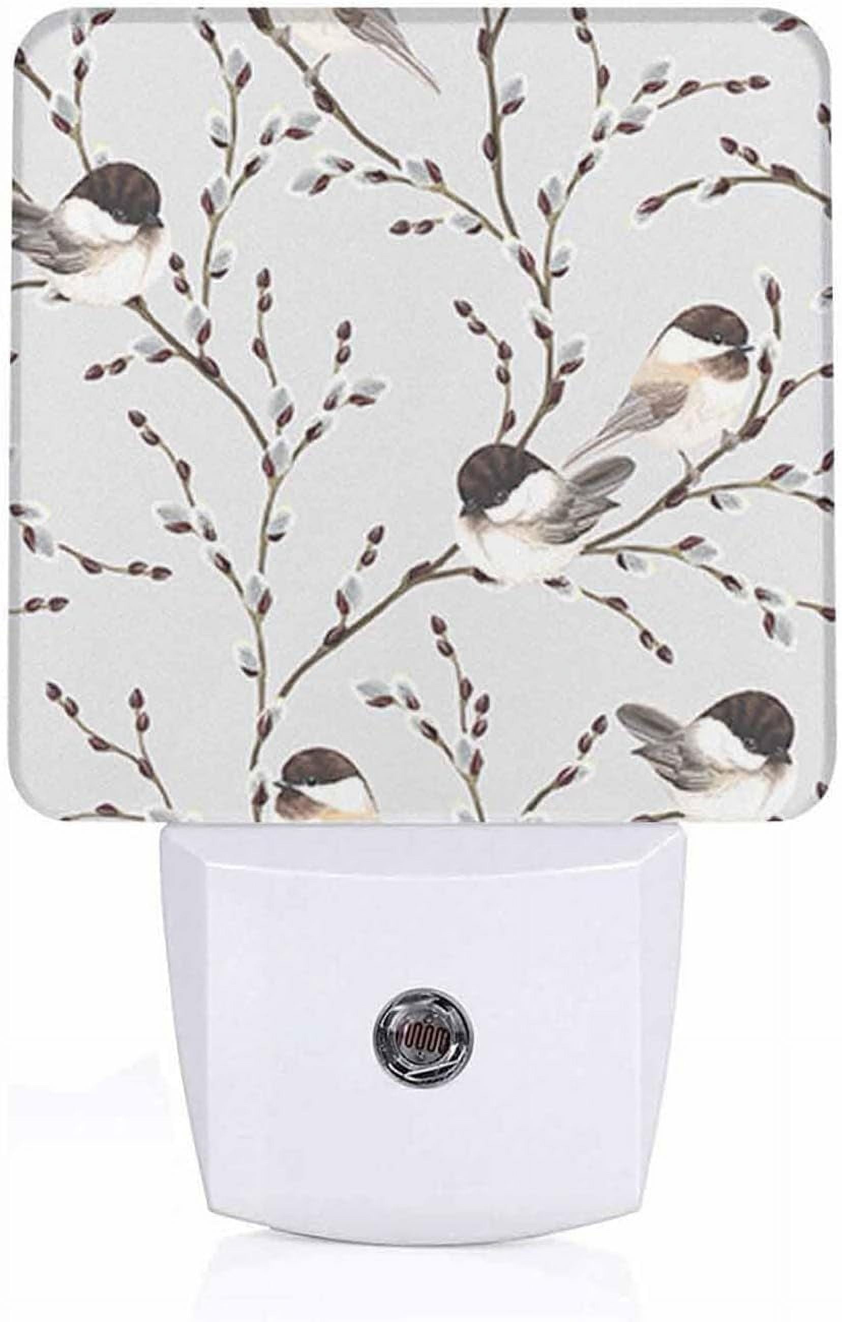 RGHJAR-LED Night Light,Willow Branches Black-Capped Chickadee LED Night Light Plug into Wall with Dusk to Dawn Light Sensor White Energy Efficient Nightlight for Bedroom Hallway Living Room Kitchen