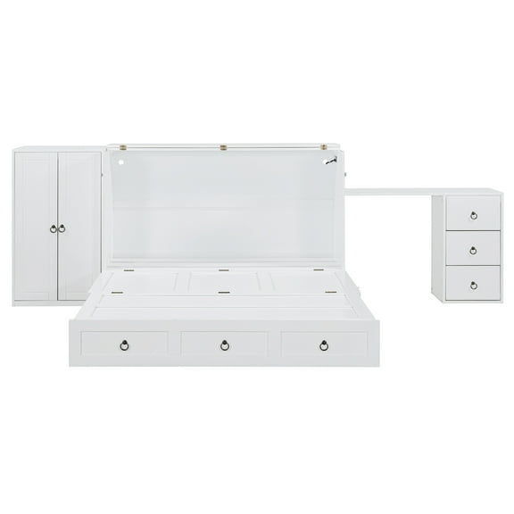 Queen Size Murphy Bed with USB Port, Large Drawer, and Wardrobe/Desk Combo – Versatile White Cabinet Bed