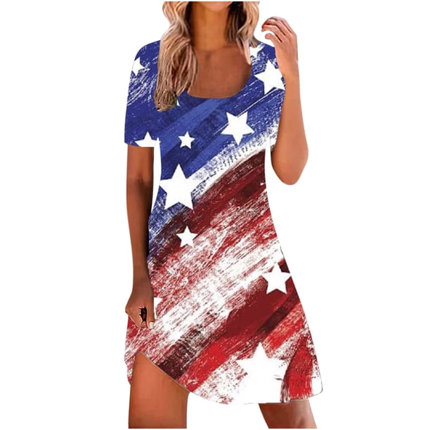Mini vestido de manga corta cómodo suelto con estampado de cuello redondo de verano para mujer a la moda Fridja qw2624