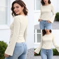 thumbnail image 3 of Womens Long Bell Sleeve Shirts Crewneck Striped Knit Tops Casual Fitted T Shirts Spring Outfits, 3 of 7