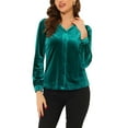 thumbnail image 1 of INSPIRE CHIC Women's V Neck Long Sleeve Solid Button Velvet Shirt M Green, 1 of 5