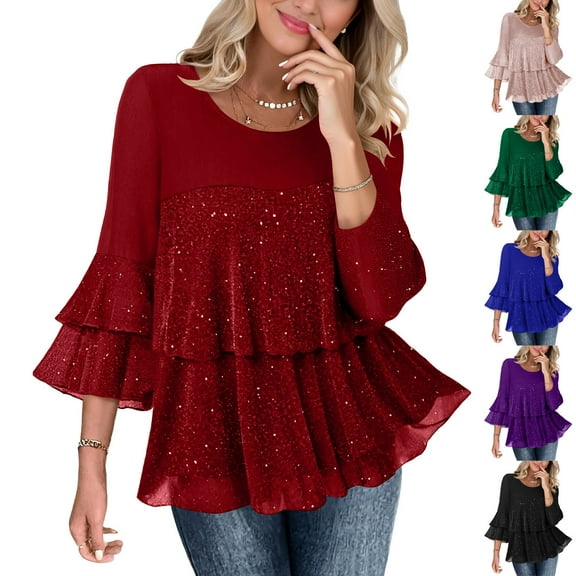 Fewfanhot Women Fall Clothes Dressy Sparkly Tops 3/4 Sleeve Ruffles Elegant Evening Flowy Blouse