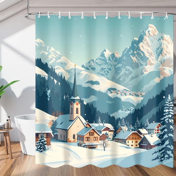 Snowy Rustic Scenery Shower Curtain, Waterproof Fabric Shower Curtain, Washable Polyester Bath Curtain for Bathroom Decor 36"W X 72"H