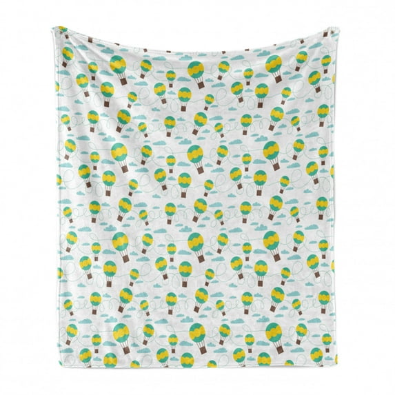 Balloon Soft Flannel Fleece Blanket, Pattern with Cartoon Style Hot Air Balloons in Sky Swirling Dashed Lines and Clouds, Cozy Plush for Indoor and Outdoor Use, 60" x 80", Multicolor, by Ambesonne