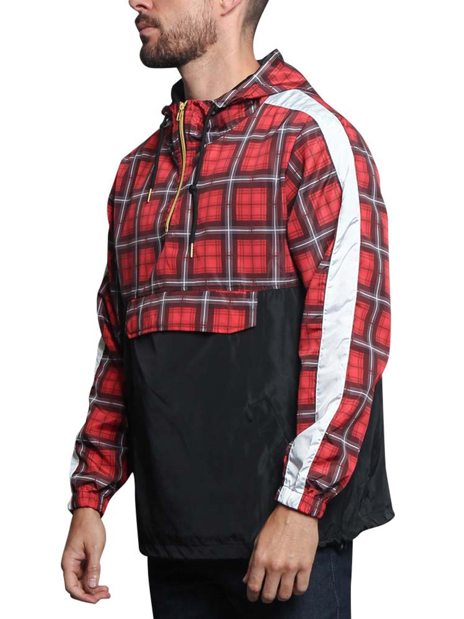 ジャケット・アウター IDA PLAID(RED)ZIP UP HTR GREY G-Style USA Men's Plaid Checkered Anorak Windbreaker Jacket JK5008