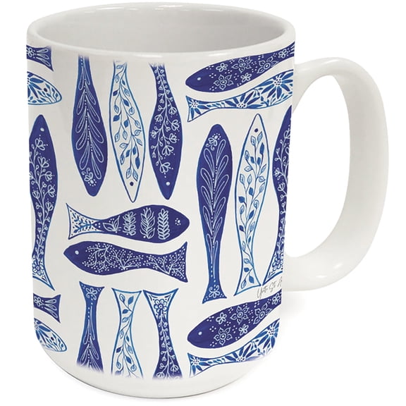Highland Home Indigo Fish 15 oz. Decorative Ceramic Mug