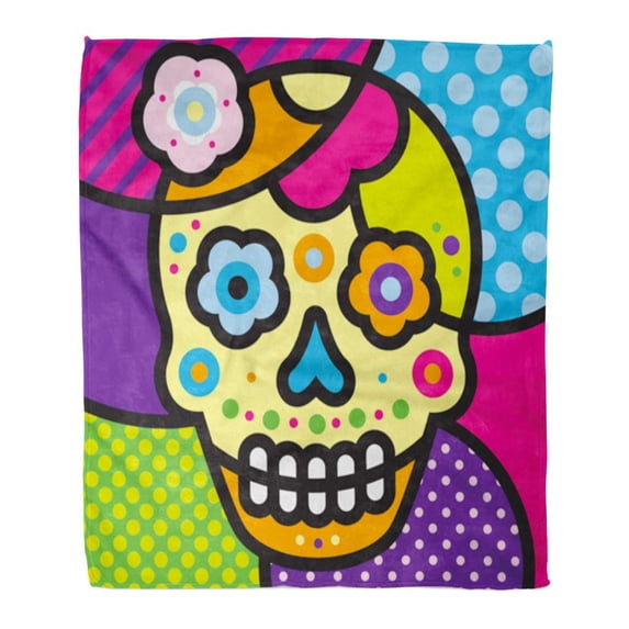 ASHLEIGH Flannel Throw Blanket Blue Gallery Scull Mexico Pop Modern Green Face Pattern Soft for Bed Sofa and Couch 58x80 Inches