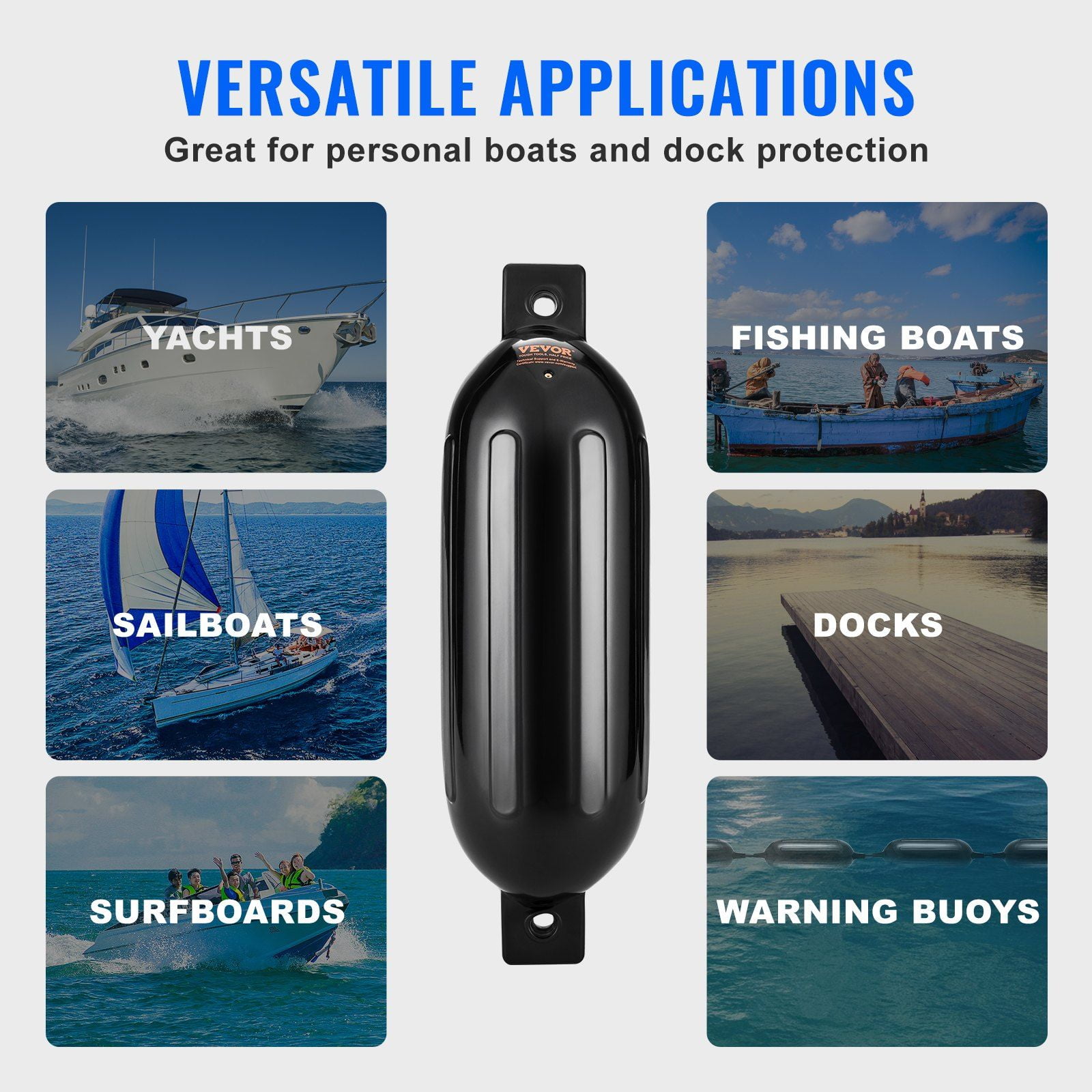 5.5x20 Inch Inflatable Boat Fenders (2-Pack) - Heavy Duty Ribbed Dock Bumpers with Ropes & Air Pump, Storage Bag - Marine Safety for Docking, Pontoon, Yacht (Black)