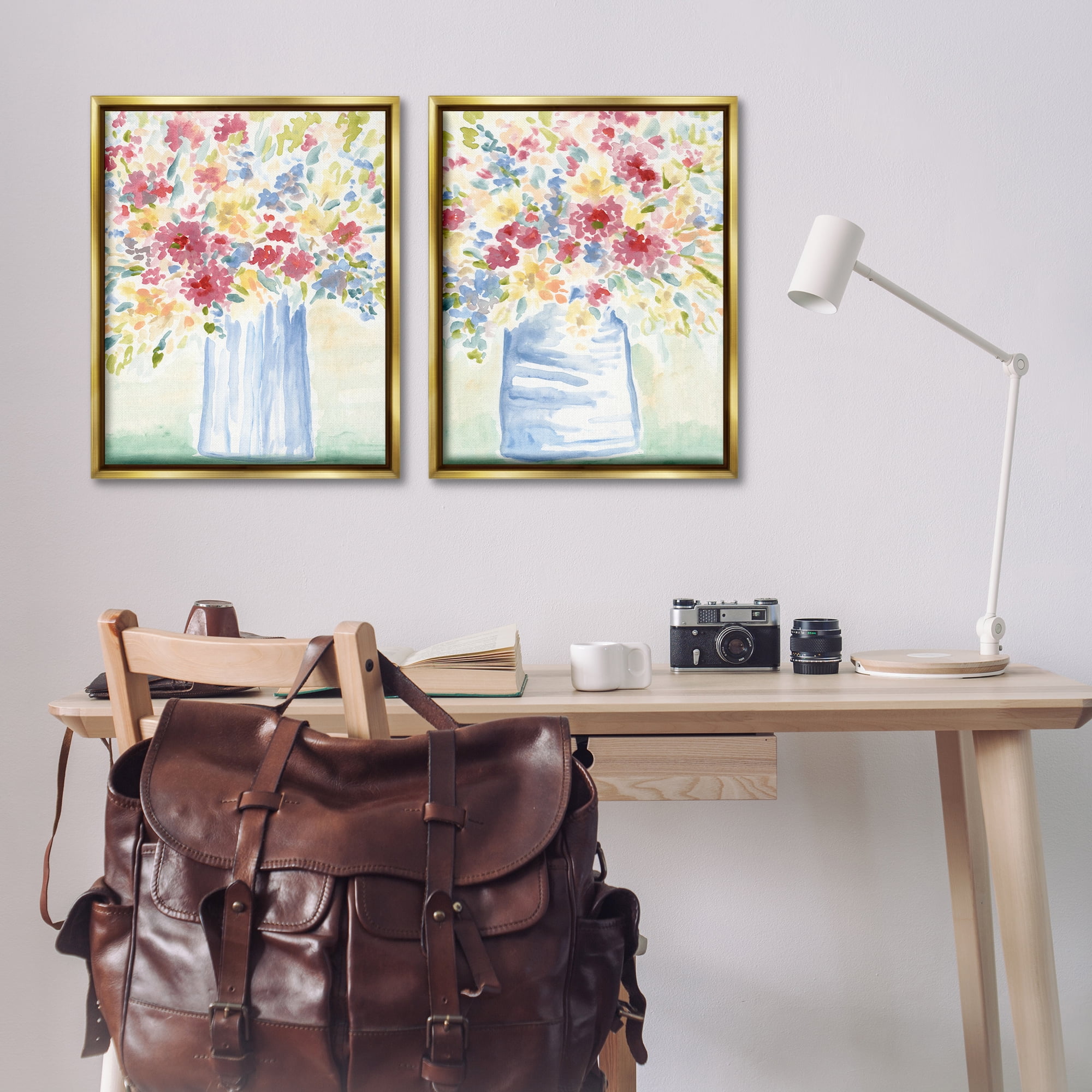 Stupell Industries Soft Speckled Flower Vases Plants & Flowers Painting Gold Floater Framed Canvas Art Print Wall Art, 31 x 25, Set of 2
