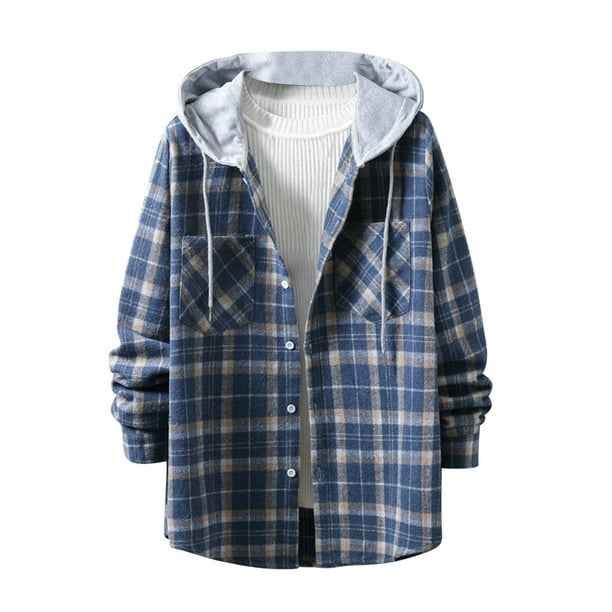 TIMIFIS Men's Plaid Hooded Shirts Jacket Casual Long Sleeve Lightweight  Shirt Jackets-Blue - Fall Savings Clearance