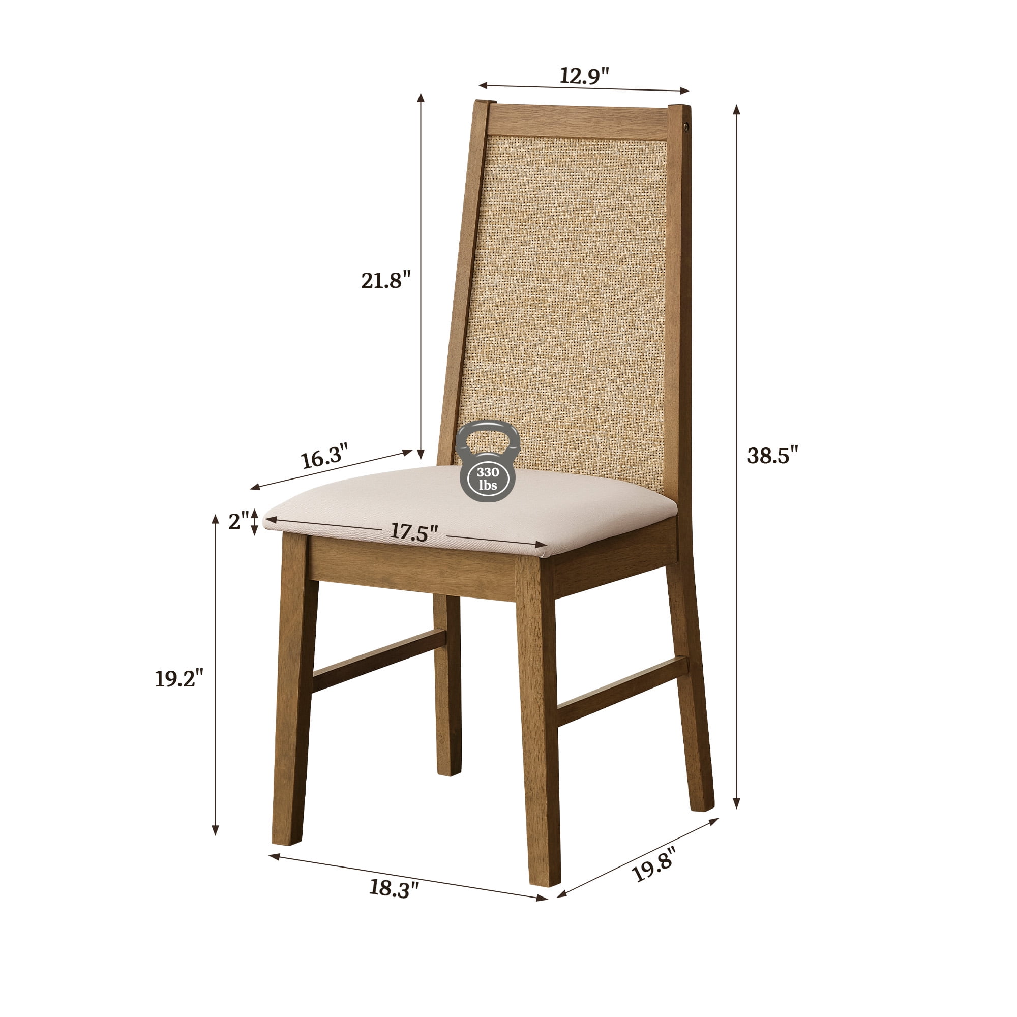SICOTAS Mid Century Modern Solid Wood Dining Chairs Set of 2, Farmhouse Upholstered Kitchen Chairs with Natural Rattan Backrest & Removable High-resilience Cushion for Dining Room, Living Room