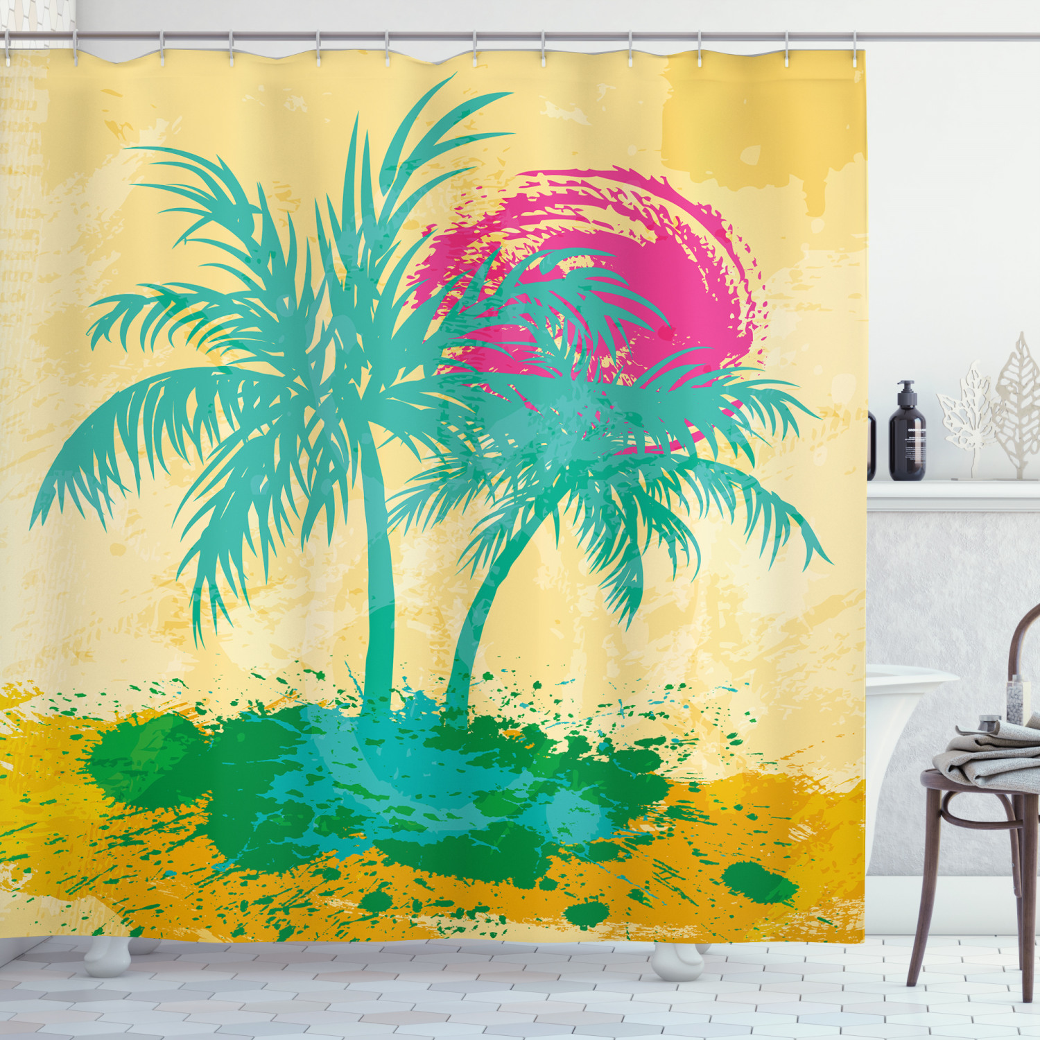 Vintage Beach Shower Curtain, Grunge Illustration of Palm Trees Hot Sun