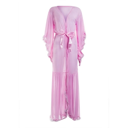 

Women Long Sleeve Plush Robe Luxury Kimono See Through Extra Long Babydoll Nightgown Dress