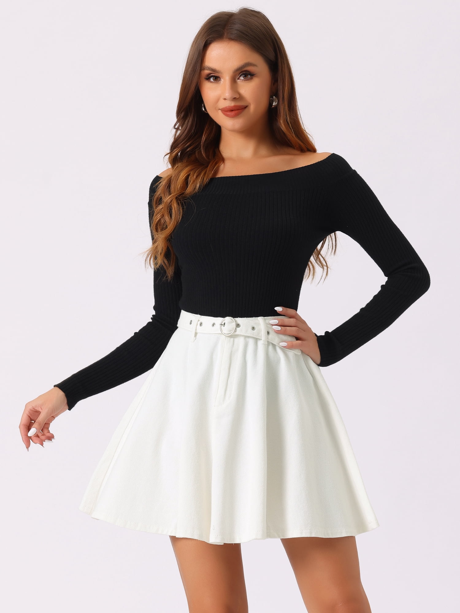 DARING DIVA Women's Denim Skirt A-Line Flared Mini Jean Skirt M White-01