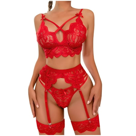 

Women 3pcs Lingerie Suit Lace Bowknot Perspective Temptation Babydoll Underwear Garter Belt Panties Underpants Sleepwear Lingerie For Women Hollow Bowknot Lace Garter Three-Piece Set Ling