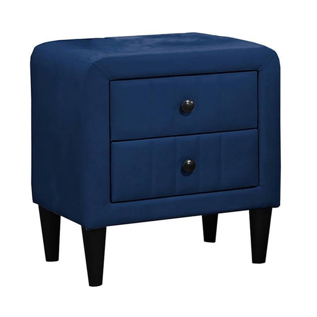 Mesita de noche Benzara Rheo, 22 pulgadas, terciopelo azul marino, 2 cajones