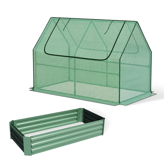 Aoodor Raised Garden Bed Kit, 4x2x3 ft Galvanized Planter Box with PE Cover, Screen Windows for Gardening, Green