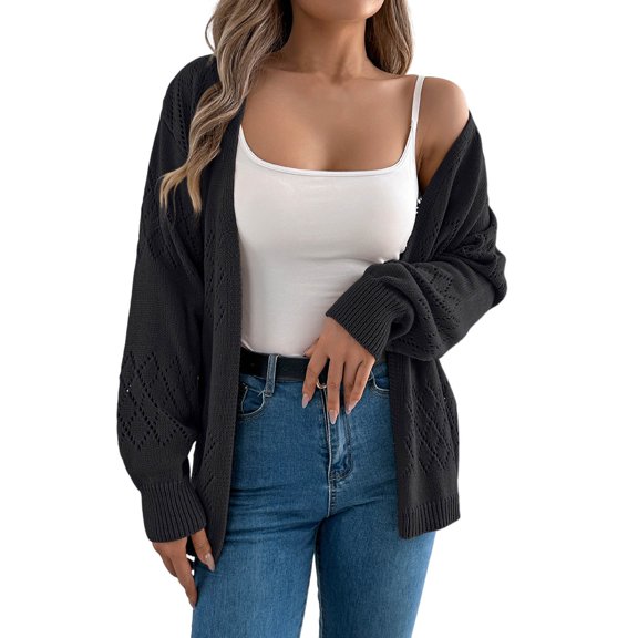 Ediodpoh Long Cardigans for Women Lightweight Long Sleeve Open Front Cardigan Solid Color Lace Knit Sweater Casual Oversized Coat Black XL