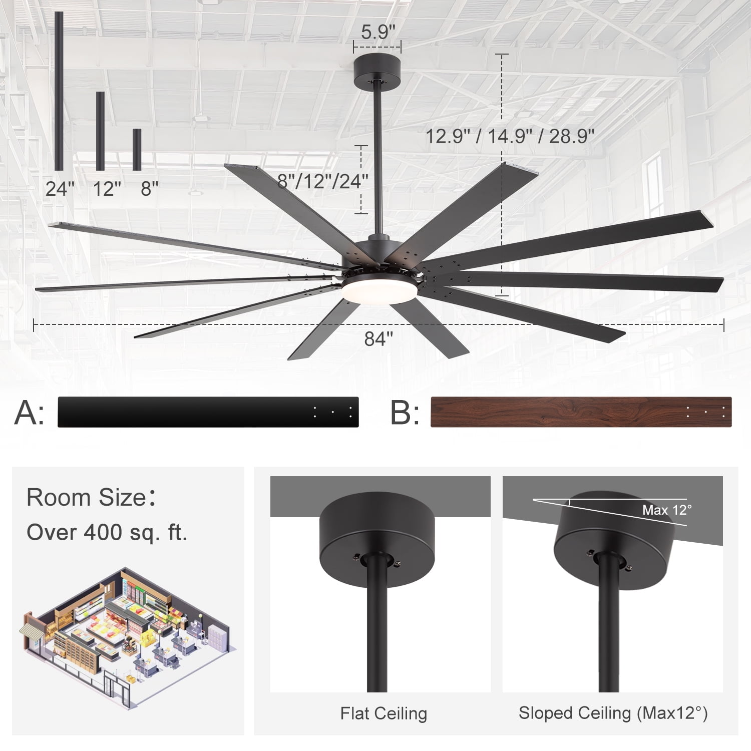 ALKAFY 84 inch Black Ceiling Fan with LED Light - 10 Plywood Blades, 6 Speeds, 3 Color Temps, Bedroom/Living/Kitchen/Dining