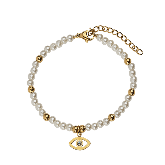 Pulseras Mujer de Perlas con Dije Oro 18k LuckyLy, Brazalete con Dije de Acero Inoxidable Baño Oro 18k, Modelo Annie Infinito blanco Ojo Turco