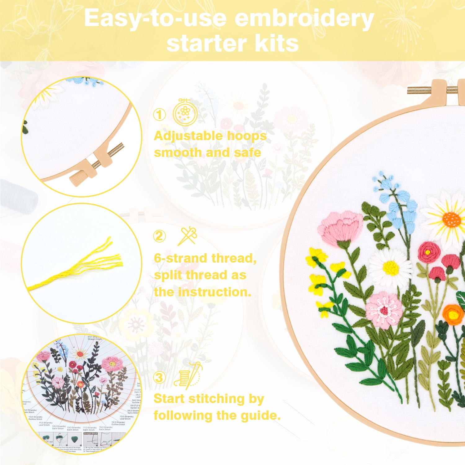 RidaaFri 3 Sets Floral Embroidery Kit Beginners, DIY Adults Craft Set, Step-by-Step Guide Video
