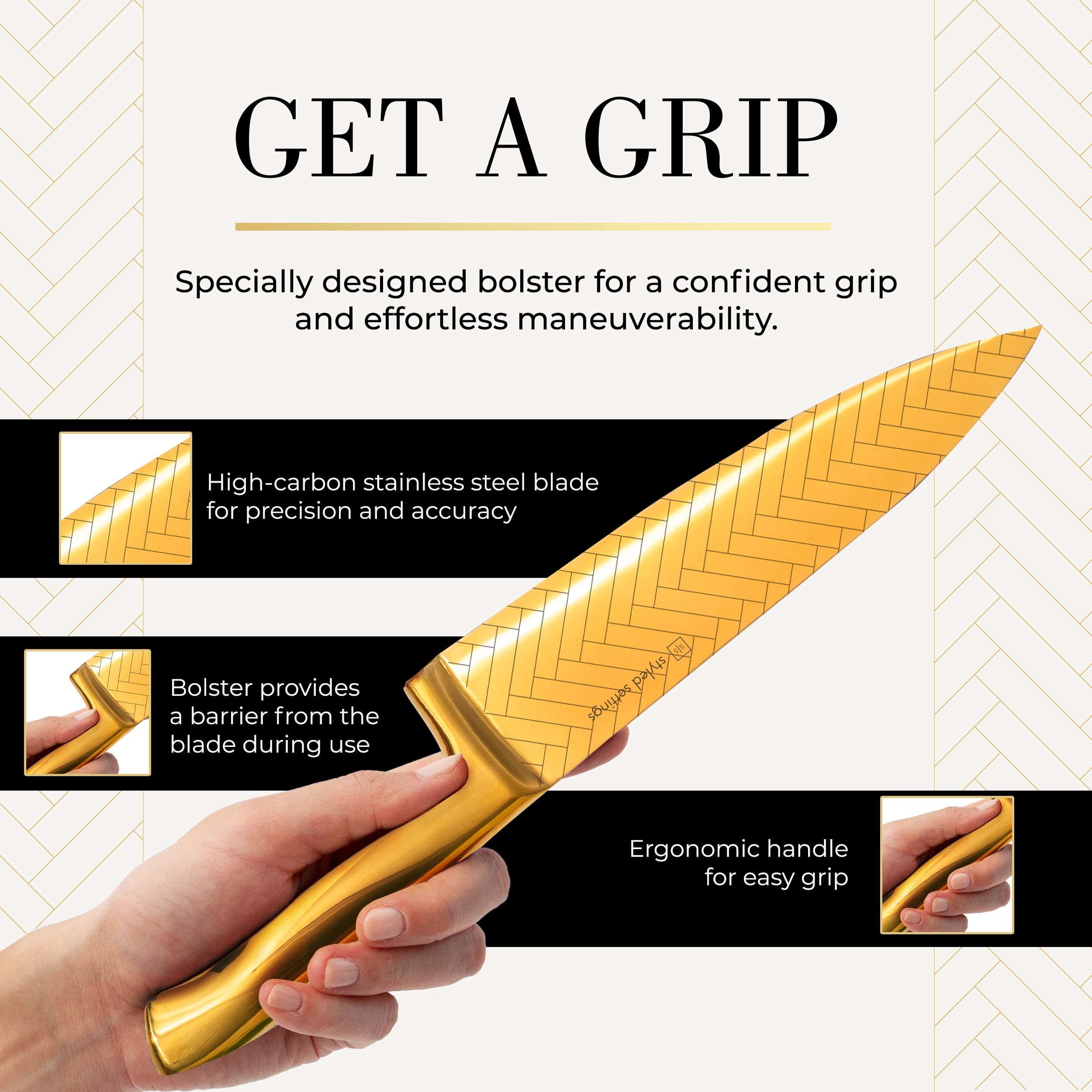 Styled Settings Gold Knife Set for Kitchen – 14-Piece Titanium-Coated Blades with Etched Leaves Pattern, Ultra-Sharp Stainless Steel, Durable & Stylish Kitchen Knife Block Set