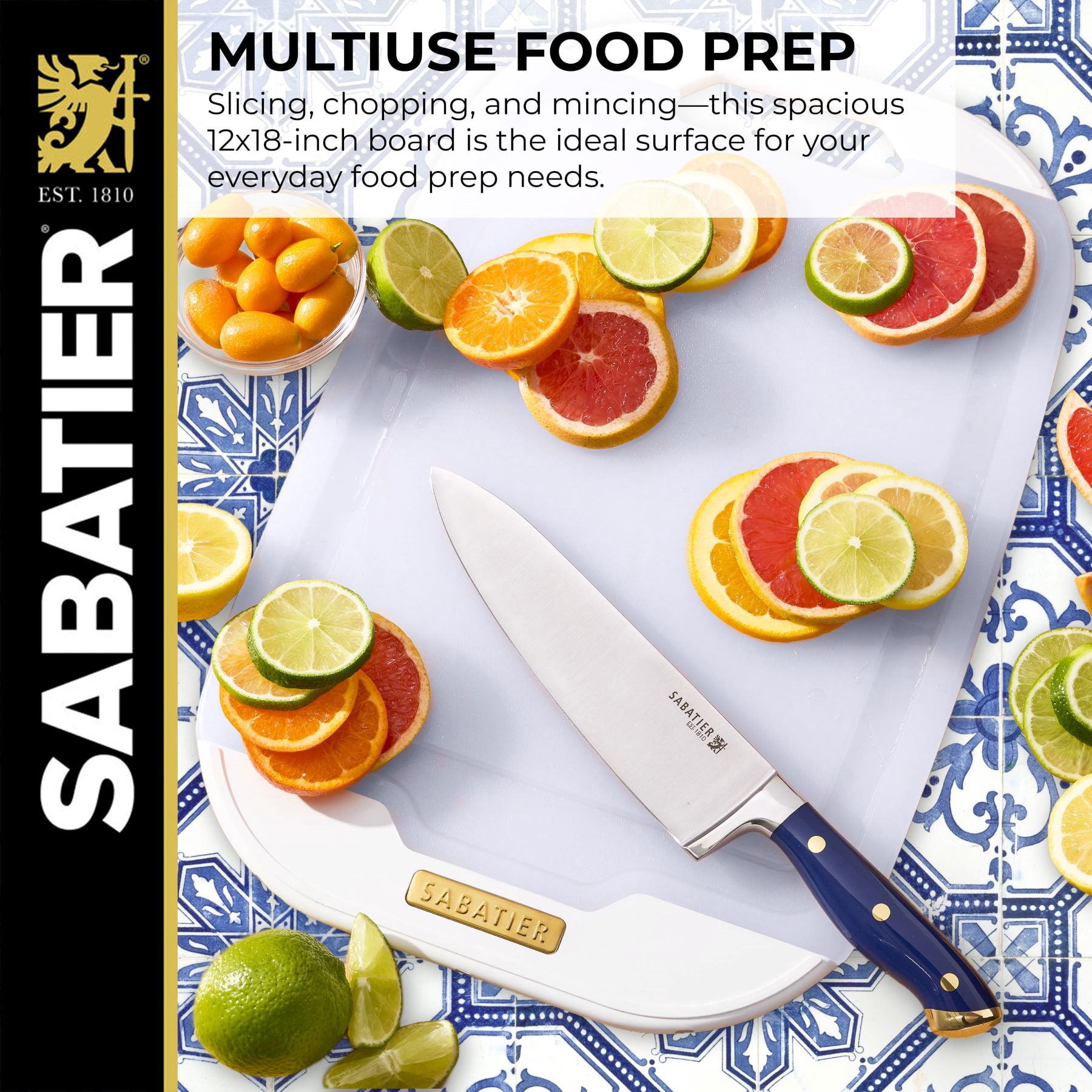 Sabatier Poly Cutting Board with Non Slip Edges, 12 inch x 18 inch, White