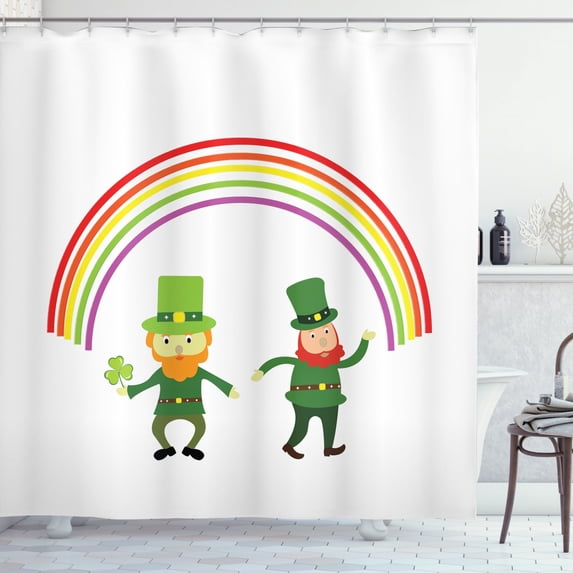 Elf Shower Curtain, 2 St Patrick's Day Leprechaun Cartoon Characters Under a Rainbow, Fabric Bathroom Set with Hooks, 69W X 75L Inches Long, Fern Green and Multicolor, by Ambesonne