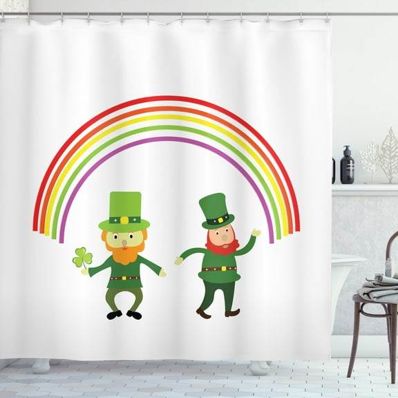 Elf Shower Curtain, 2 St Patrick's Day Leprechaun Cartoon Characters Under a Rainbow, Fabric Bathroom Set with Hooks, 69W X 84L Inches Extra Long, Fern Green and Multicolor, by Ambesonne