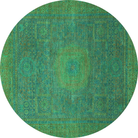 Ahgly Company Machine Washable Indoor Round Oriental Turquoise Blue Modern Area Rugs, 4' Round